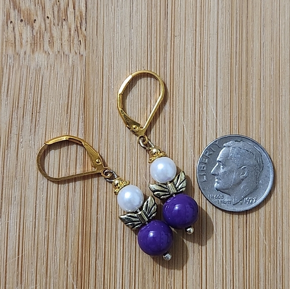 Hand Crafted Gold and Purple Beaded Earrings Pierced Dangle Angel - Picture 2 of 6